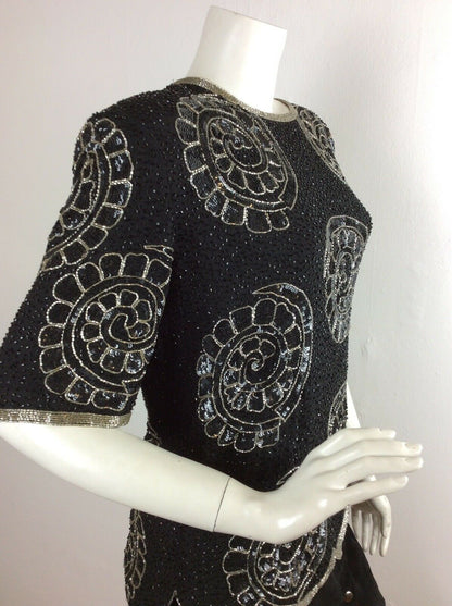 VINTAGE 80S BLACK SILVER BEAD ABSTRACT SWIRL PATTERN DISCO EVENING TOP 16 18