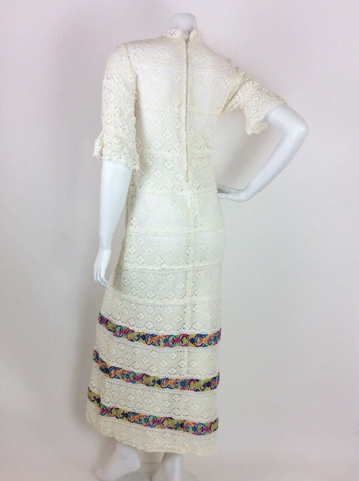 VTG 60S 70S WHITE CREAM EMBROIDERED CROCHET MAXI DRESS 6 8