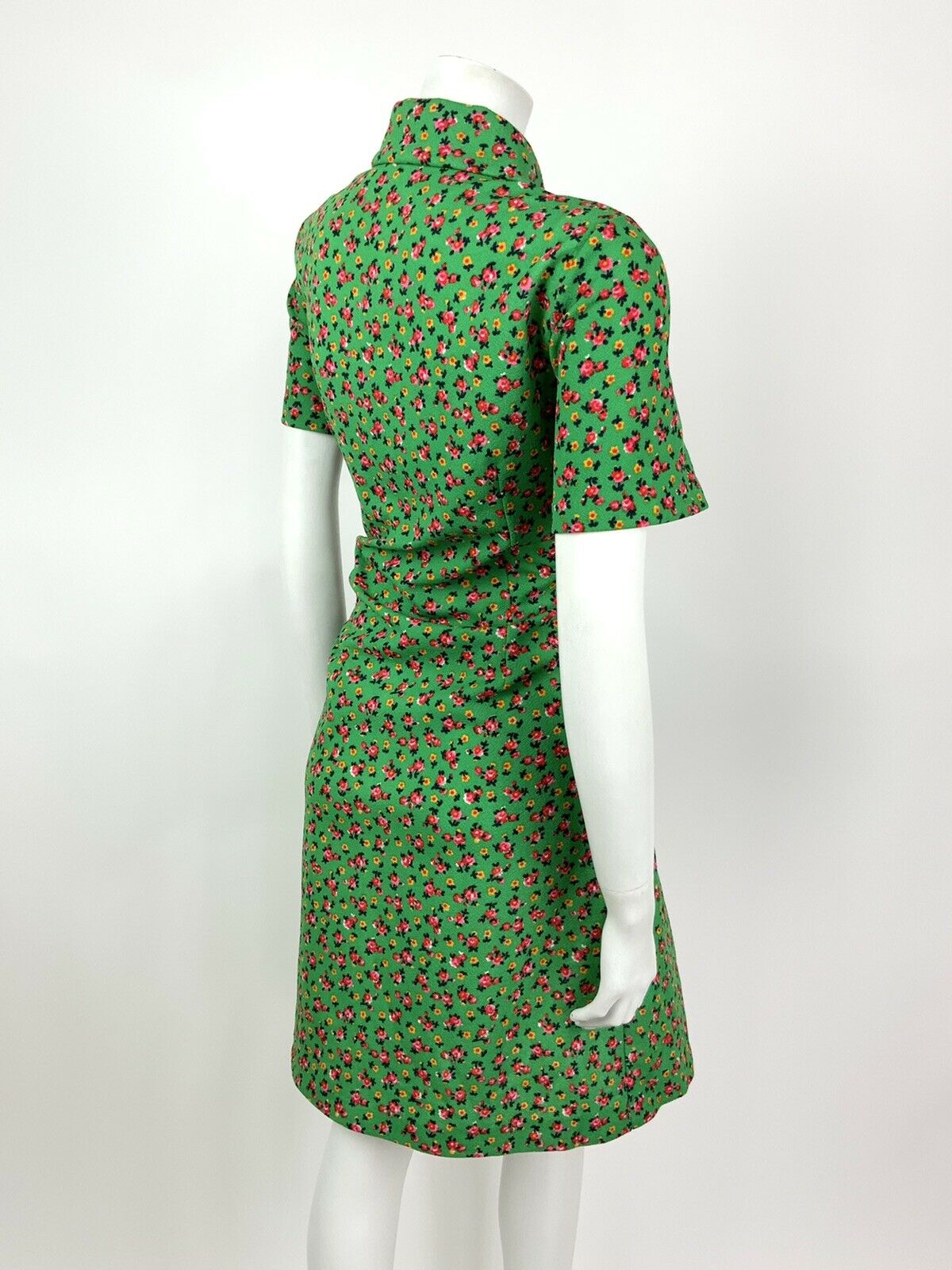 VINTAGE 60s 70s GREEN PINK RED YELLOW FLORAL DITSY DAGGER SHIRT DRESS 10 12