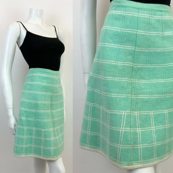 VINTAGE 60s 70s MINT GREEN WHITE STRIPED CHECKED GEOMETRIC MOD WOOL SKIRT 8 10