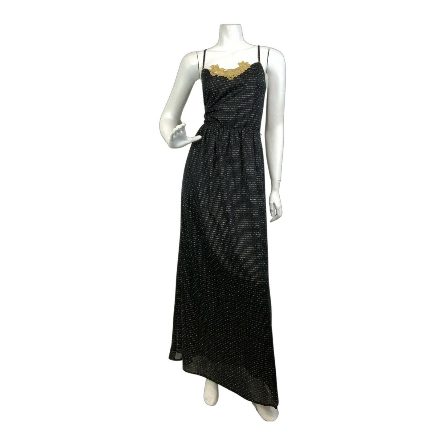 VINTAGE 60s 70s BLACK GOLD STRIPED FLORAL LACE PARTY STRAPPY MAXI DRESS 8 10