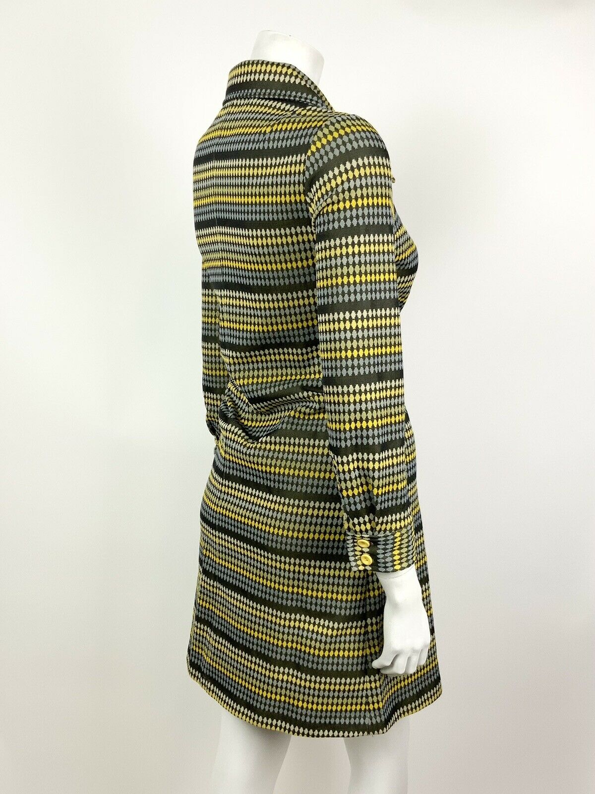 VINTAGE 60s 70s BLACK BLUE YELLOW STRIPED DOTTY DAGGER SHIRT SHIFT DRESS 8 10