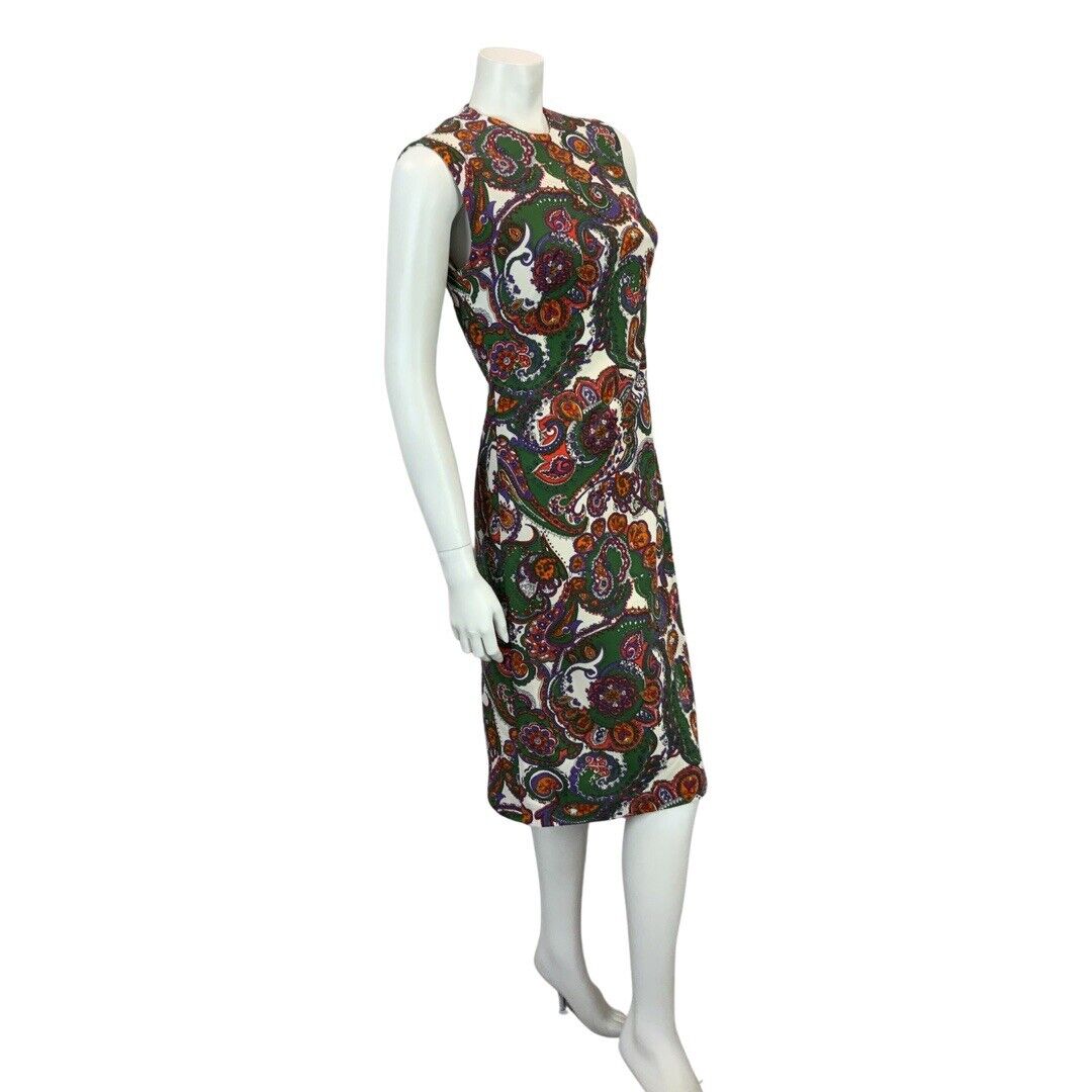 VINTAGE 60s 70s DARK GREEN WHITE RED PURPLE PAISLEY PRINT MIDI DRESS DRESS 12