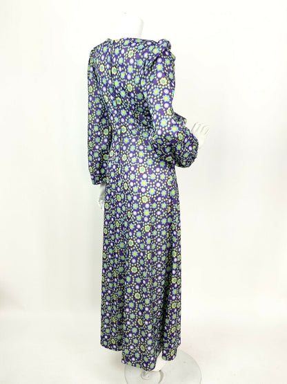 VTG 60s 70s PURPLE DAISY LIME GREEN BLUE PSYCHEDELIC FLORAL MAXI DRESS 8 10