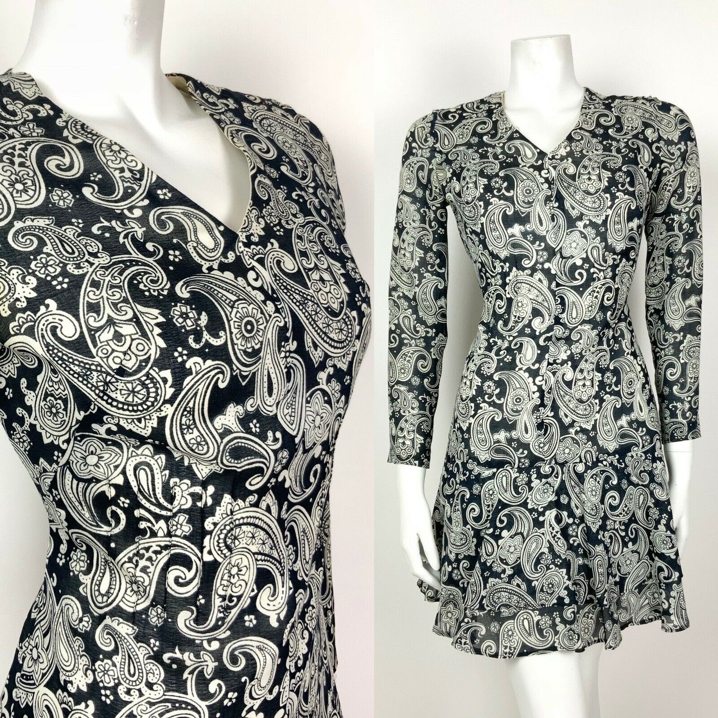 VINTAGE 60s 70s BLUE WHITE PAISLEY FLORAL PSYCHEDELIC RUFFLE DRESS 8 10