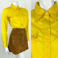 VINTAGE 60s 70s SUNSHINE YELLOW DAGGER COLLAR MOD LONG SLEEVE SHIRT 10 12