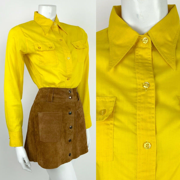 VINTAGE 60s 70s SUNSHINE YELLOW DAGGER COLLAR MOD LONG SLEEVE SHIRT 10 12