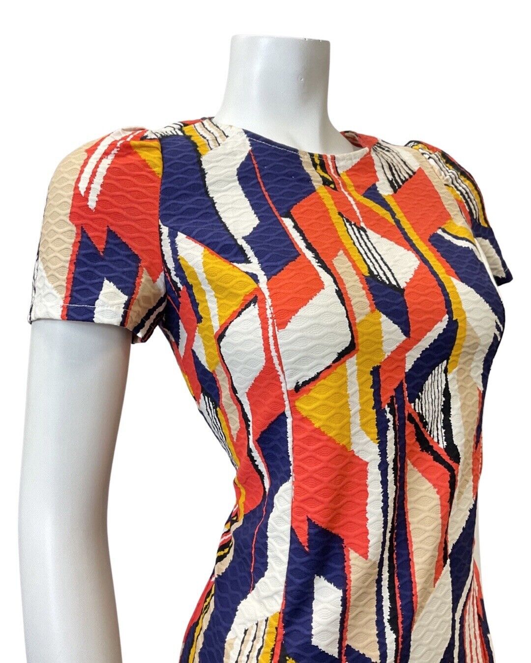 VINTAGE 60s 70s BLUE RED WHITE GEOMETRIC MOD MINI FLARED DRESS 8 10