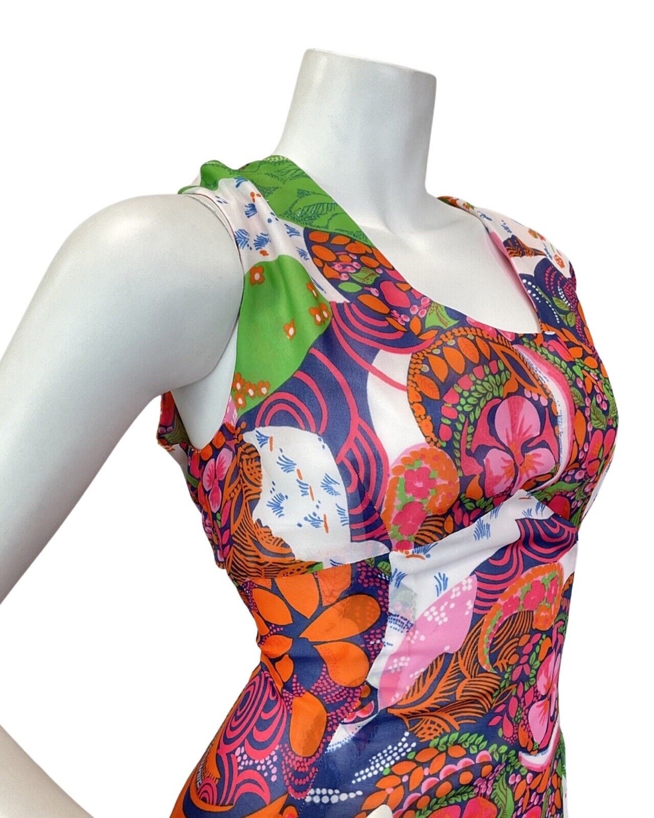 VTG 60s 70s ORANGE BLUE WHITE PSYCHEDELIC FLORAL LEAFY SLEEVELESS MAXI DRESS 12