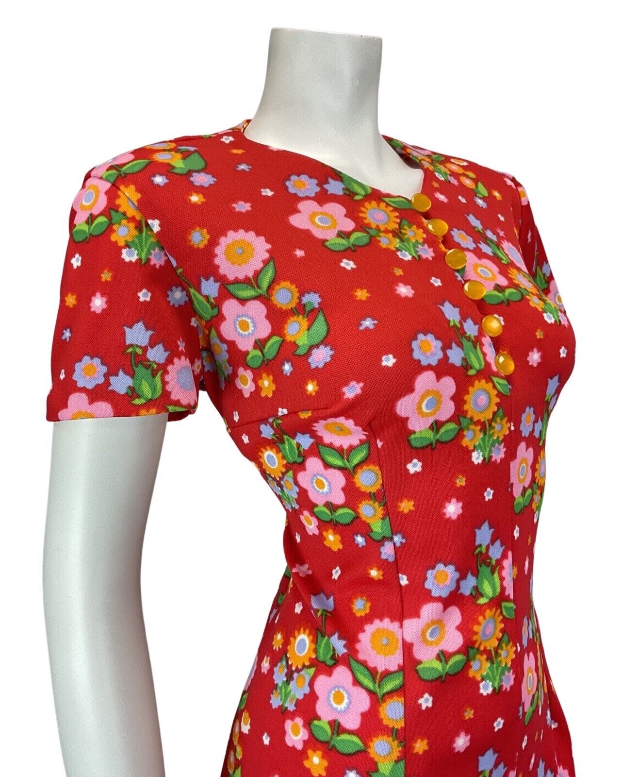 VINTAGE 60s 70s RED PINK ORANGE DAISY FLOWER POWER MOD DRESS 14 16