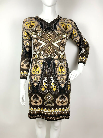 VINTAGE 60s 70s BLACK BROWN BEIGE YELLOW PAISLEY ETHNIC PSYCHEDELIC DRESS 16 18