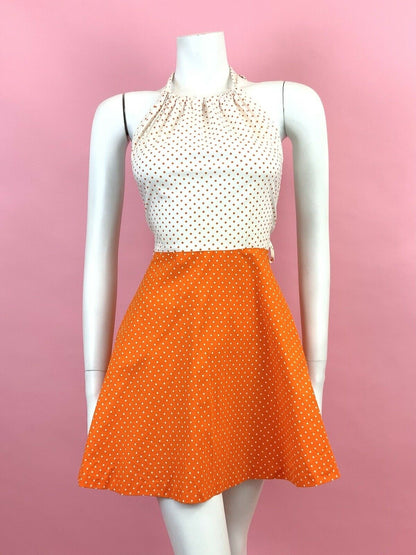 VINTAGE 60s 70s WHITE ORANGE POLKA-DOT MOD HALTER MINI SUMMER DRESS 6 8