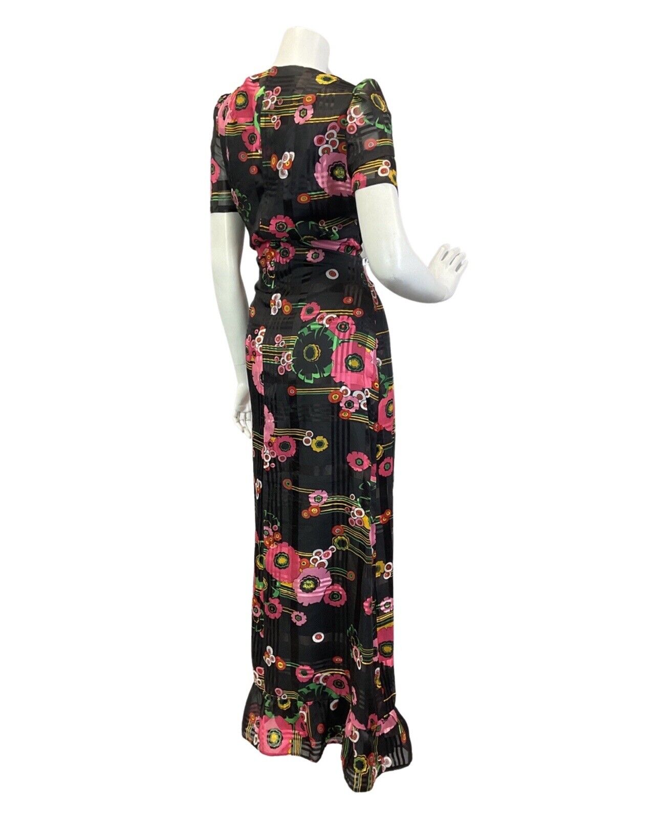 VINTAGE 60s 70s BLACK PINK GREEN FLORAL MOD STRIPED SUMMER MAXI DRESS 10