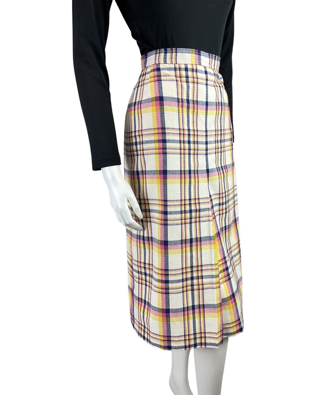 VINTAGE 60s 70s WHITE PINK BLUE PLAID TARTAN CHECKED MOD MIDI SKIRT 6