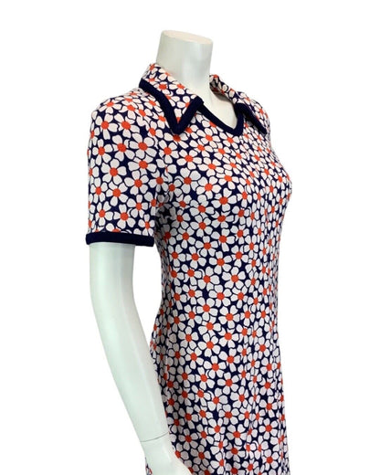 VINTAGE 60s 70s WHITE NAVY BLUE RED FLOWER DAISY MOD DAGGER SHIRT DRESS 8 10