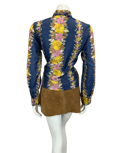 VTG 60s 70s NAVY BLUE PINK YELLOW BROWN FLORAL PRINT BOHO DAGGAR COLLAR 14 16