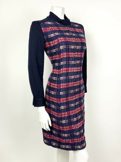 VINTAGE 60s 70s NAVY BLUE RED WHITE PLAID STRIPED MOD WOOL DRESS 8 10