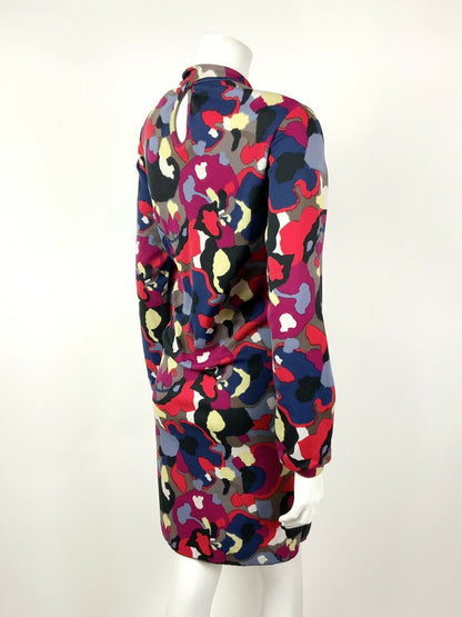 VINTAGE 60s 70s MULTI-COLOUR FLORAL ABSTRACT PSYCHEDELIC BOW DRESS 14 16