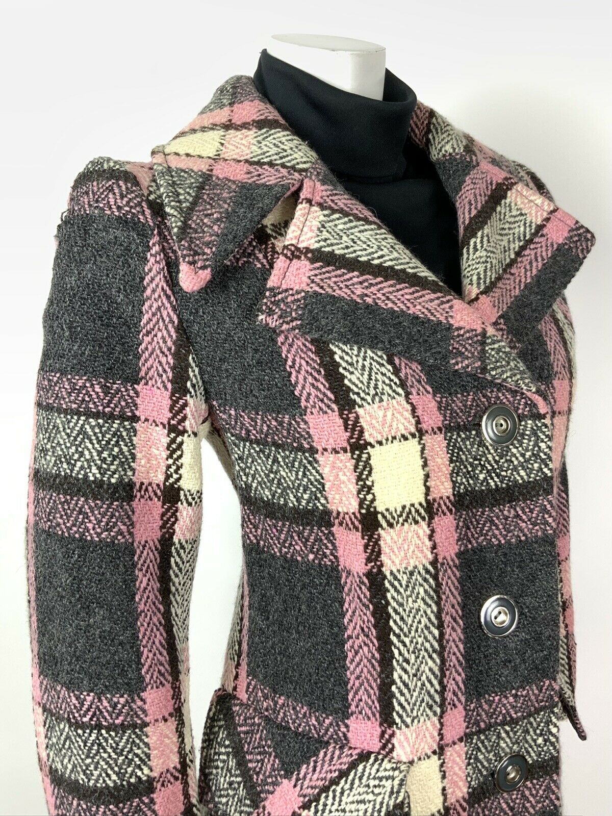 VINTAGE 60s 70s GREY SILVER WHITE BROWN PINK PLAID CHECKED MOD SWING COAT 14 16