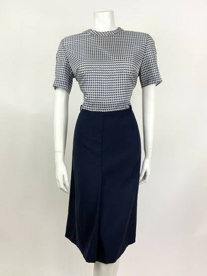 VINTAGE 60s 70s NAVY BLUE WHITE DOGTOOTH HOUNDSTOOTH MIDI DRESS 12 14