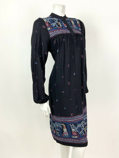 VINTAGE 60s 70s BLACK BLUE RED GEOMETRIC FLORAL KAFTAN BOHO FOLK DRESS 10 12