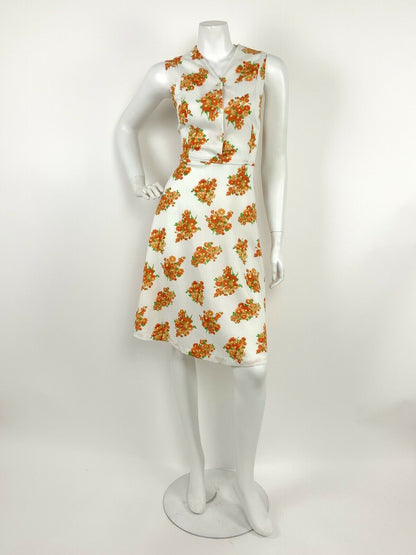 VINTAGE 60s 70s WHITE ORANGE YELLOW RED FLORAL SWING DRESS 10