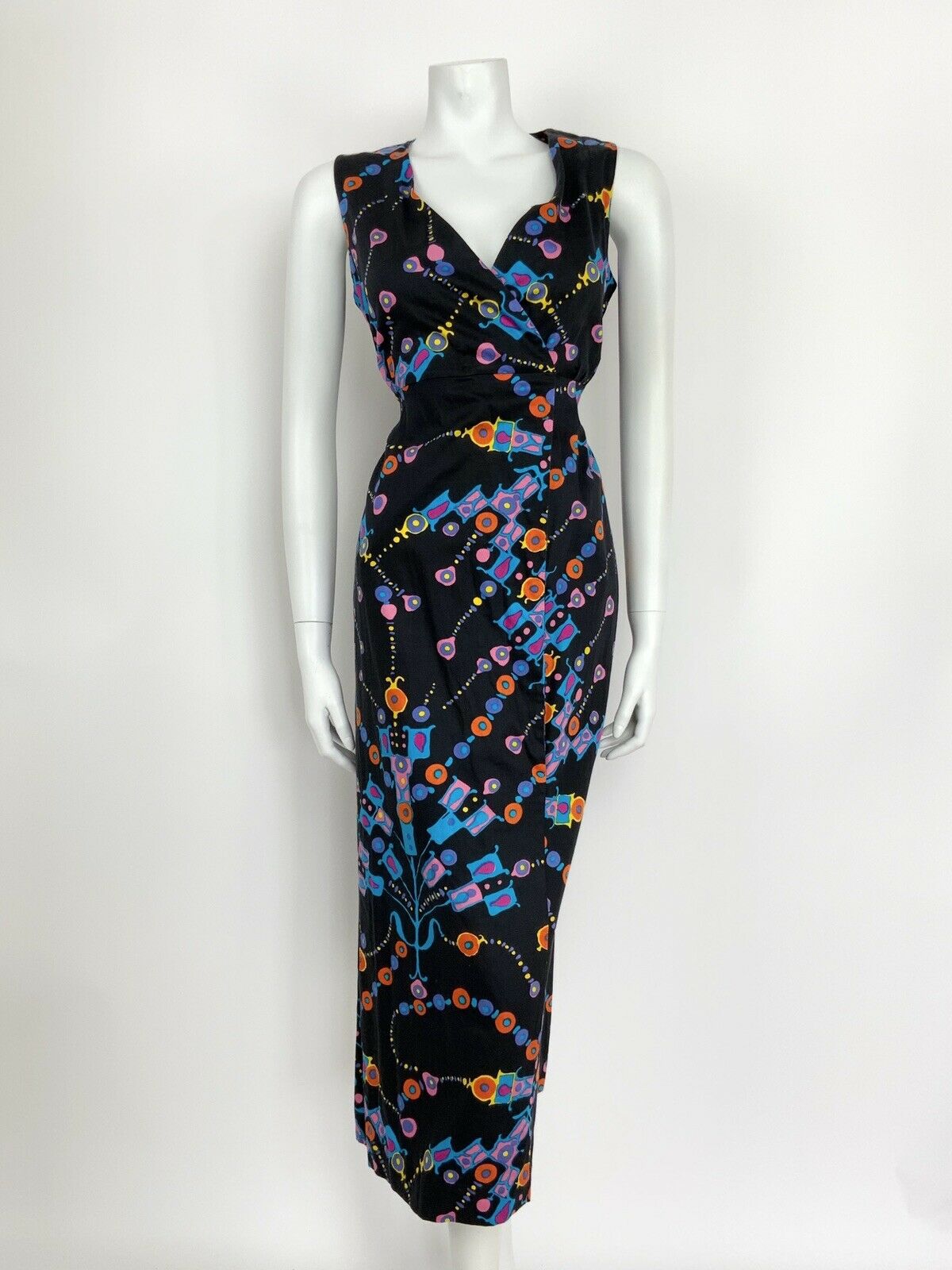 VINTAGE 60s 70s GEOMETRIC ABSTRACT BLACK BLUE PINK ORANGE WRAP MAXI DRESS 10