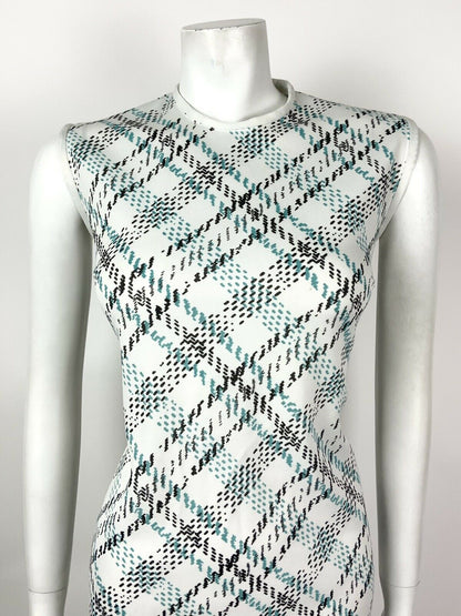 VINTAGE 60s 70s WHITE BLUE BLACK PLAID CHECKED MOD SLEEVELESS SHIFT DRESS 10 12