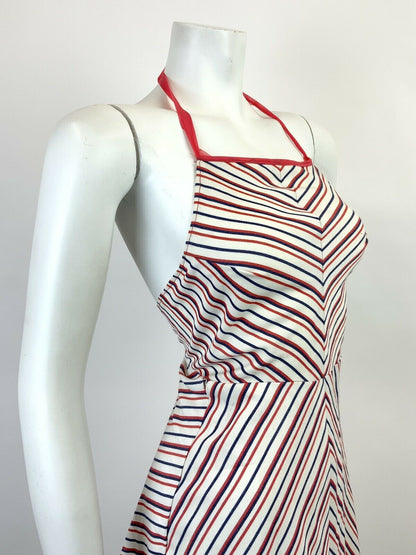 VINTAGE 60s 70s WHITE RED BLUE STRIPED MOD HALTER MINI DRESS 4 6