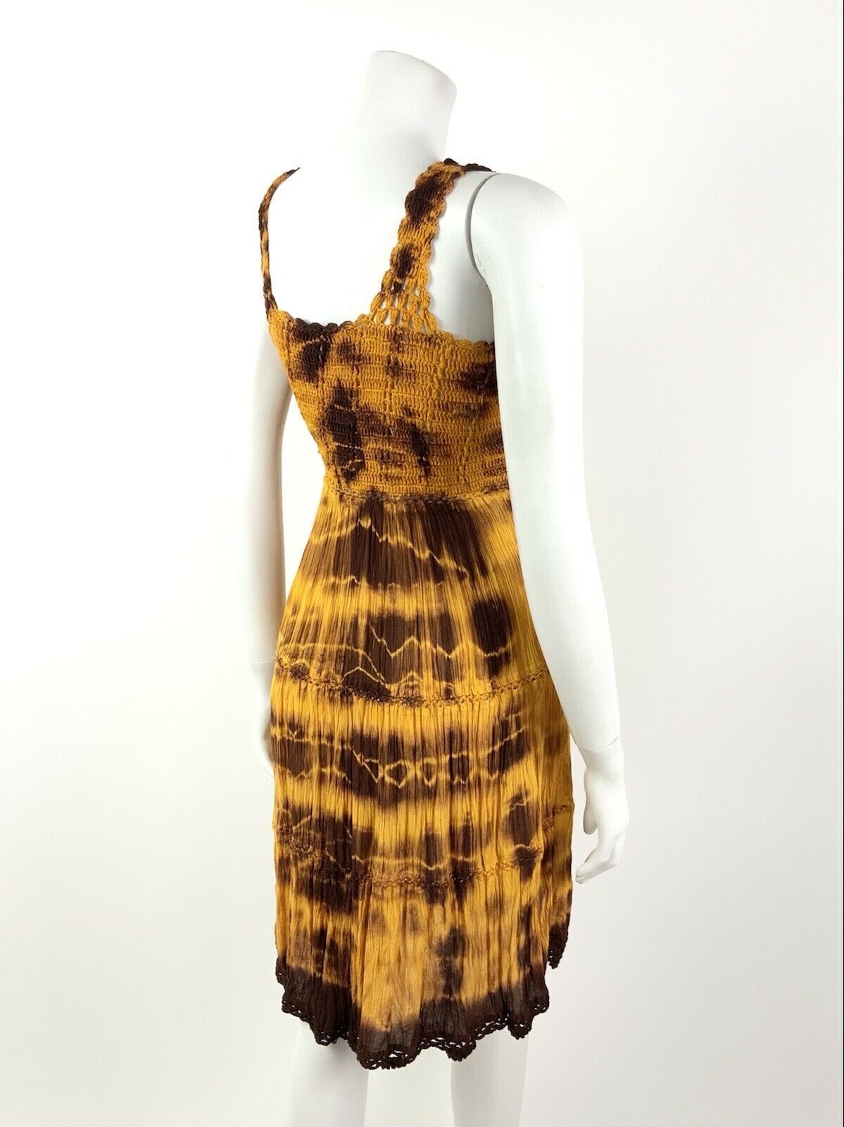 VINTAGE 60s 70s YELLOW BROWN CROCHETED TIE-DYE SUMMER SLEEVELESS BOHO DRESS 8