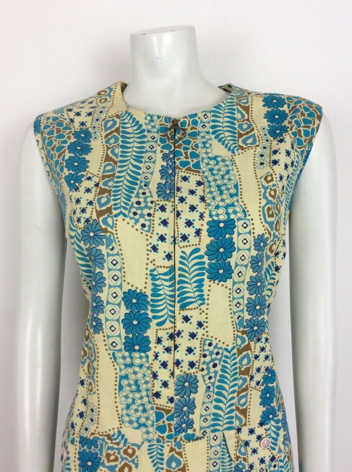 VINTAGE 60s 70s SHIFT DRESS ABSTRACT FLORAL PATCHWORK DITSY BLUE GOLD CREAM 14