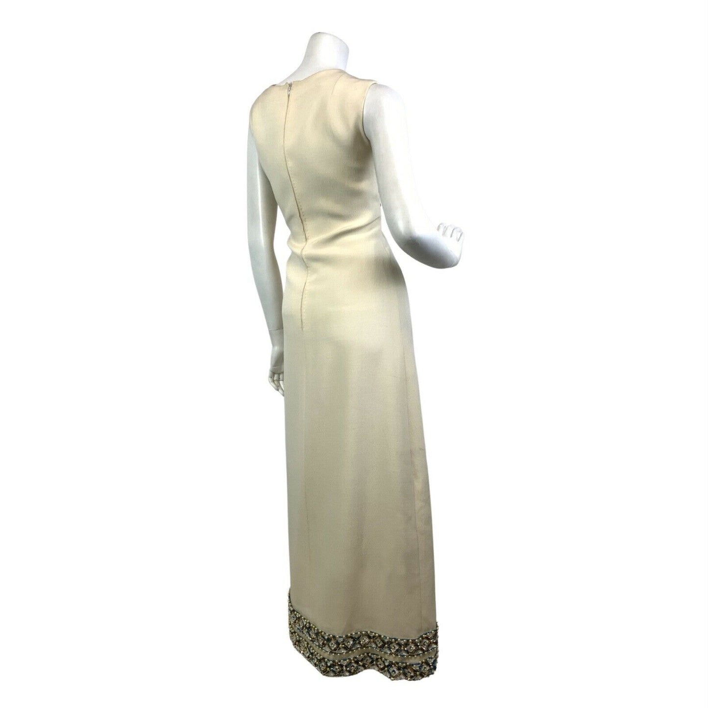 VINTAGE 60s 70s CREAM BLUE GOLD SEQUIN BEADED EMPIRE LINE PARTY MAXI DRESS 10 12