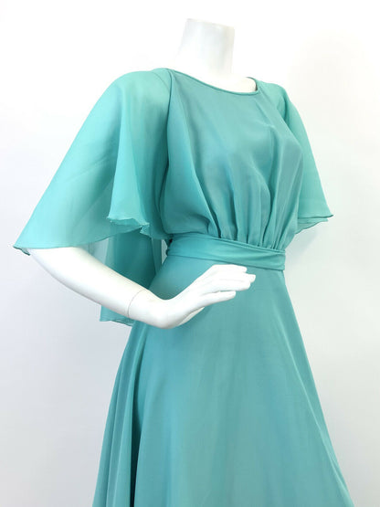 VINTAGE 60s 70s BLUE SEA GREEN FLOATY SHEER CAPE SLEEVE HOSTESS BOHO MAXI DRESS