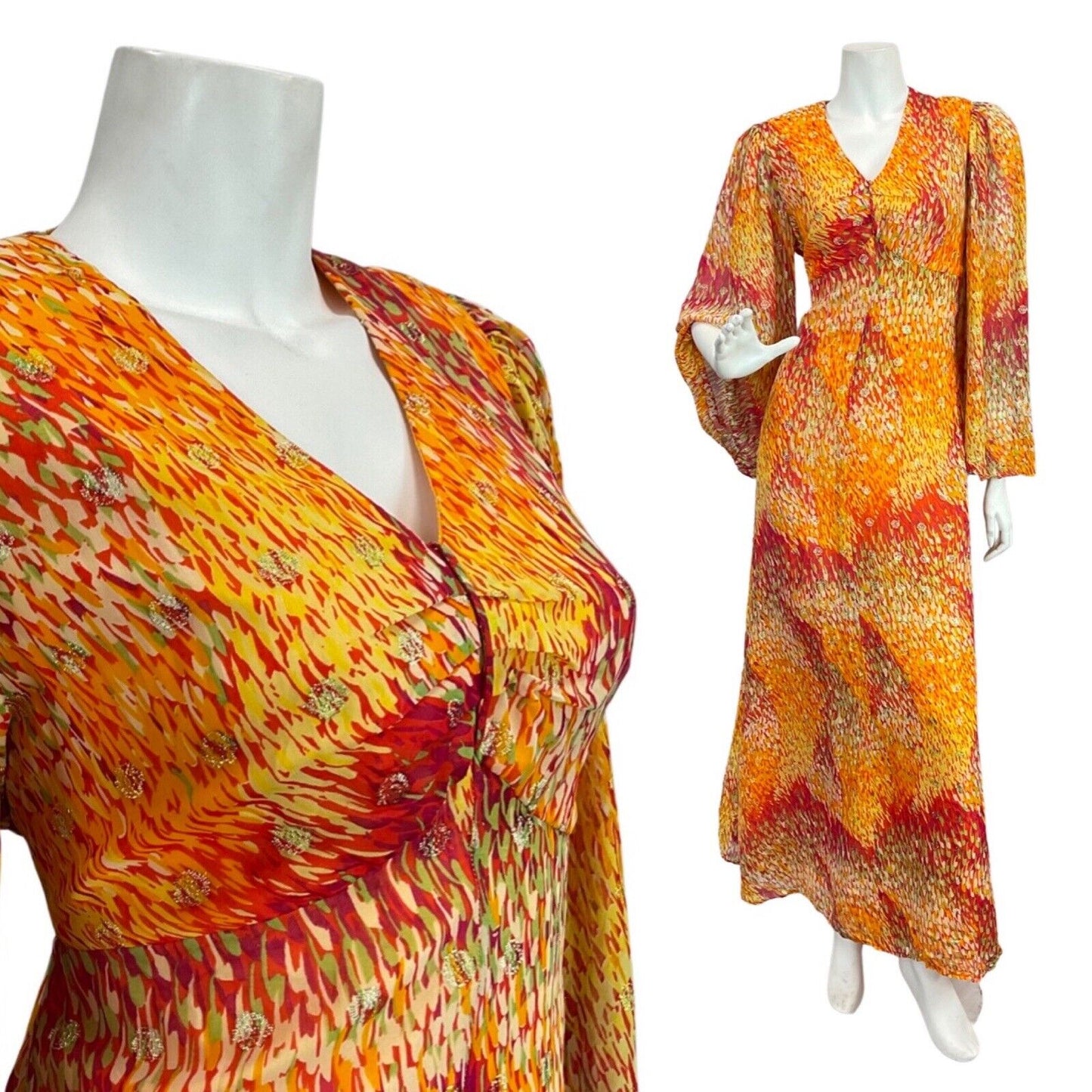 VINTAGE 60s 70s ORANGE GOLD RED PSYCHEDELIC DASH ANGEL SLEEVE MAXI DRESS 10