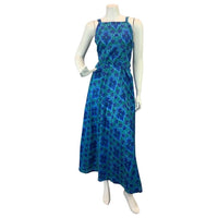 VINTAGE 60S 70S BLUE GREEN PSYCHEDELIC FLORAL SUMMER STRAPPY MAXI DRESS 8 10