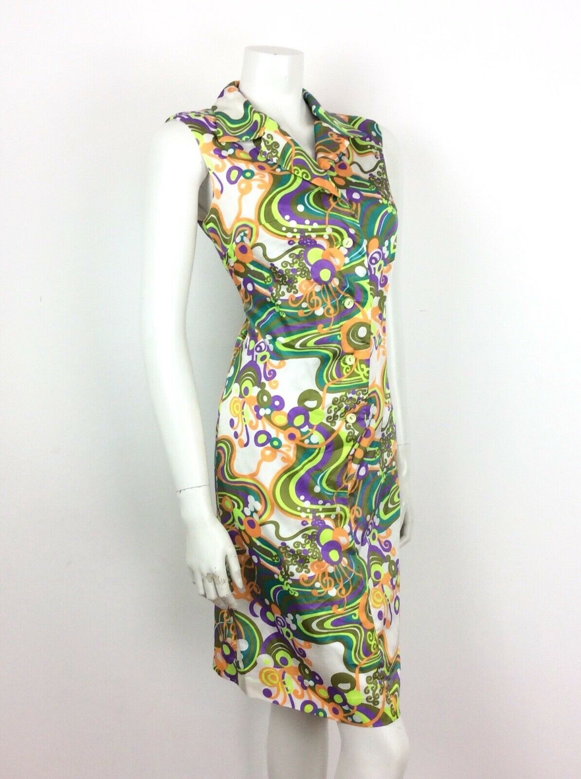 60S 70S VINTAGE WHITE GREEN PURPLE PSYCHEDELIC SLEEVELESS SHIRT DRESS 12 14