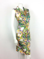 60S 70S VINTAGE WHITE GREEN PURPLE PSYCHEDELIC SLEEVELESS SHIRT DRESS 12 14