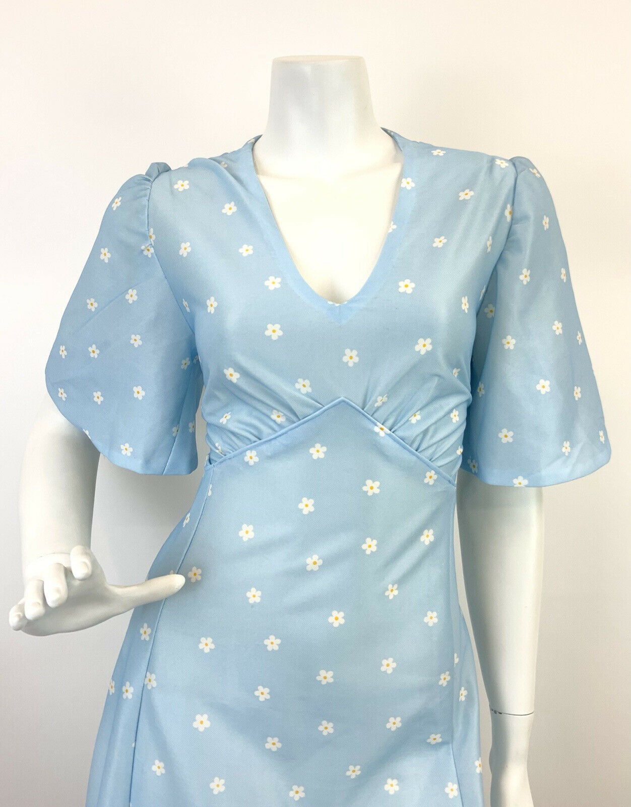 VTG 60s 70s BABY BLUE NAVY WHITE YELLOW WAVY DAISY FLORAL MOD MAXI DRESS 12 14