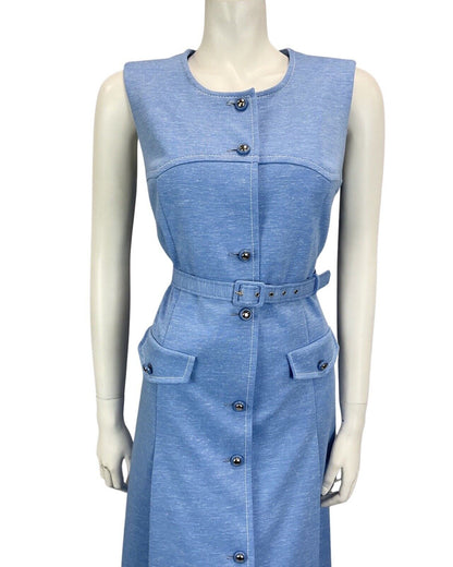 VINTAGE 60S 70S BLUE BUTTON DOWN MOD BELTED MIDI DRESS 10 12