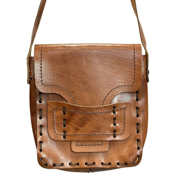 VINTAGE 60s 70s TOFFEE BROWN BOHO MOD MESSENGER SHOULDER BAG