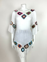 VTG 70s ETHNIC PEASANT WHITE TOP CROCHET BLUE PINK RED GYPSY TASSEL TOP 10 12 14