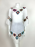 VTG 70s ETHNIC PEASANT WHITE TOP CROCHET BLUE PINK RED GYPSY TASSEL TOP 10 12 14