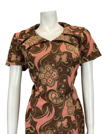 VTG 60s 70s BROWN PINK GOLD PSYCHEDELIC FLORAL MOD WING COLLAR SHIRT DRESS 12 14