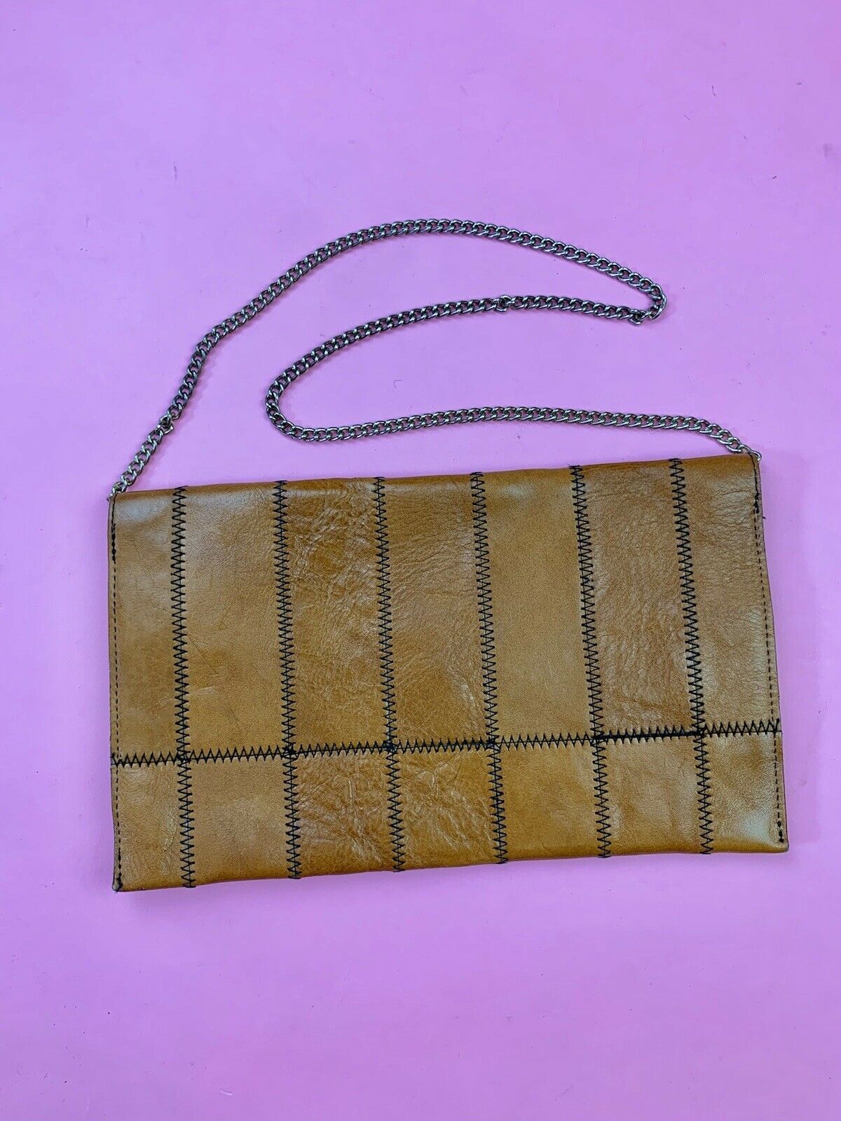 VINTAGE 60s 70s TOFFEE BROWN BLACK PATCHWORK ZIG-ZAG CHAINED BOHO CLUTCH BAG