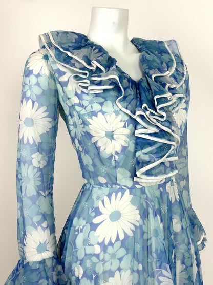 VTG 60s 70s FLORAL BLUE WHITE JABOT RUFFLE FLOUNCE SLEEVE SUMMER DRESS 8 10