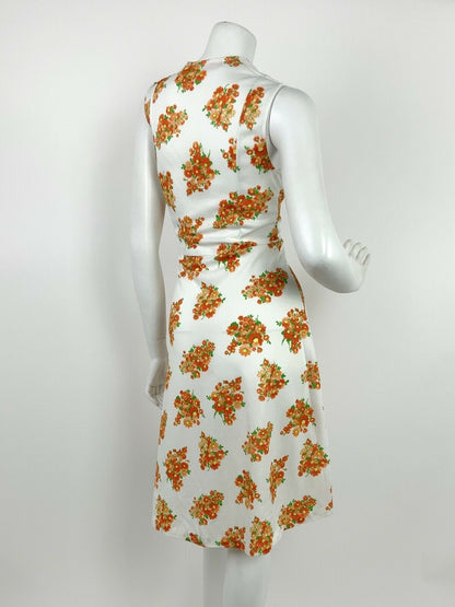 VINTAGE 60s 70s WHITE ORANGE YELLOW RED FLORAL SWING DRESS 10