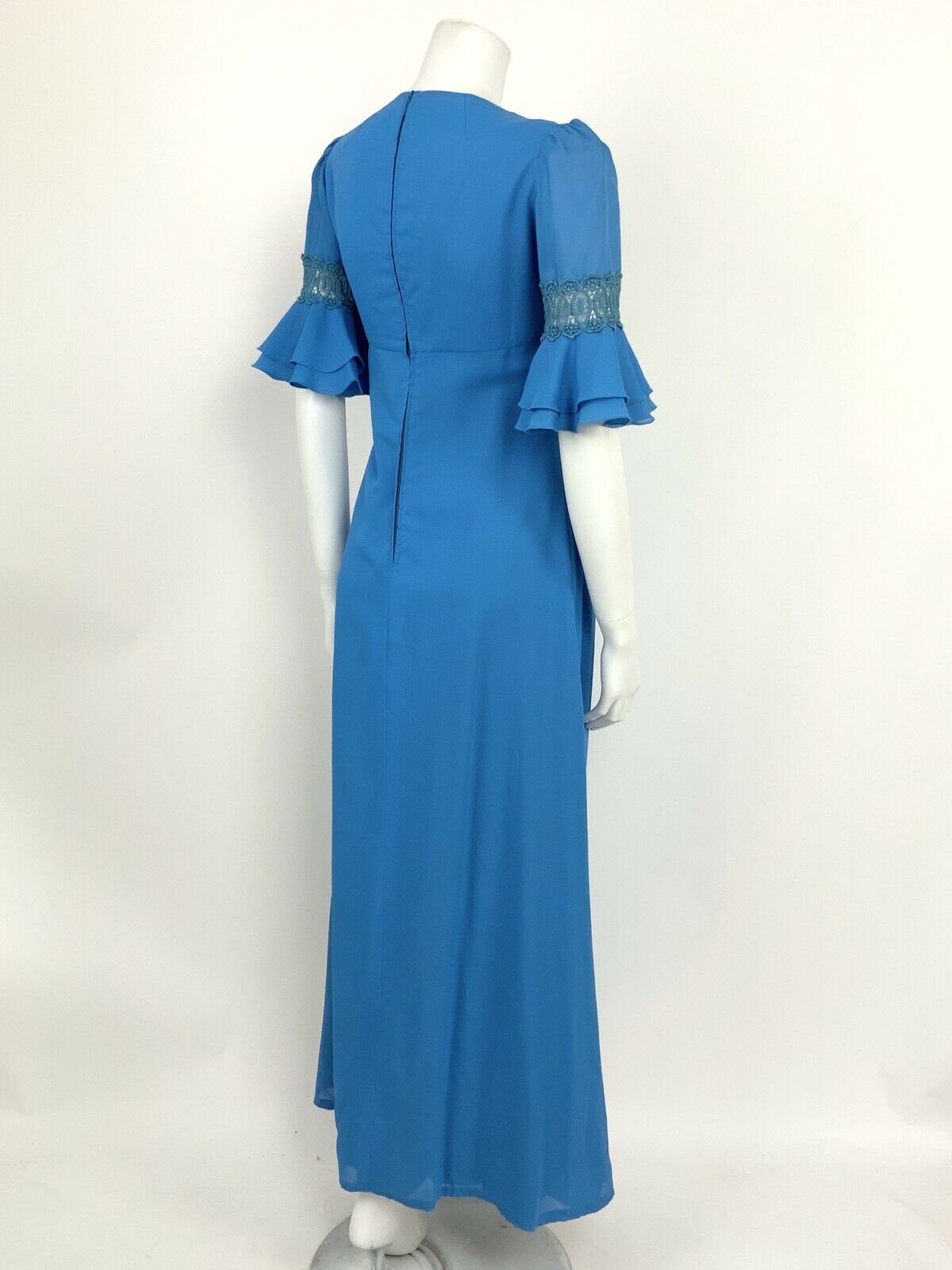 VINTAGE 60s 70s BLUE EMPIRE LINE FLOUNCE CROCHET LACE SLEEVE MAXI DRESS 10