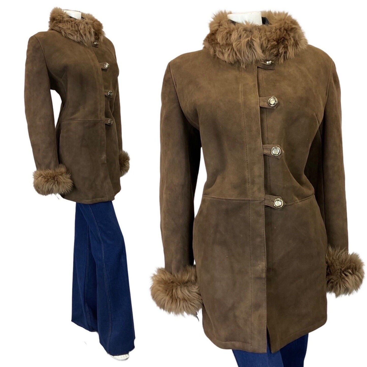 VINTAGE 60s 70s DARK BROWN SUEDE LEATHER BOHO MOD SHEARLING SHORT COAT 14