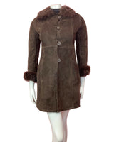 VINTAGE 60s 70s DARK BROWN SUEDE LEATHER PENNY LANE BOHO SHEARLING COAT 6 8