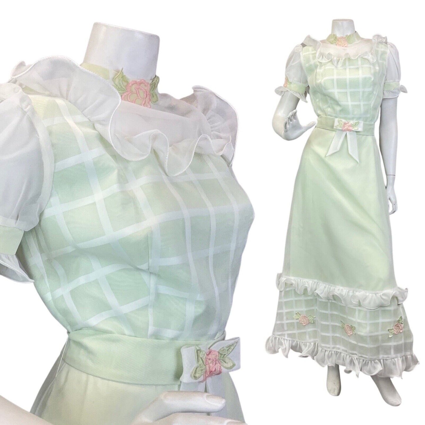 VINTAGE 60s 70s PISTACHIO GREEN WHITE RUFFLED ROSE SHEER PRAIRIE MAXI DRESS 8